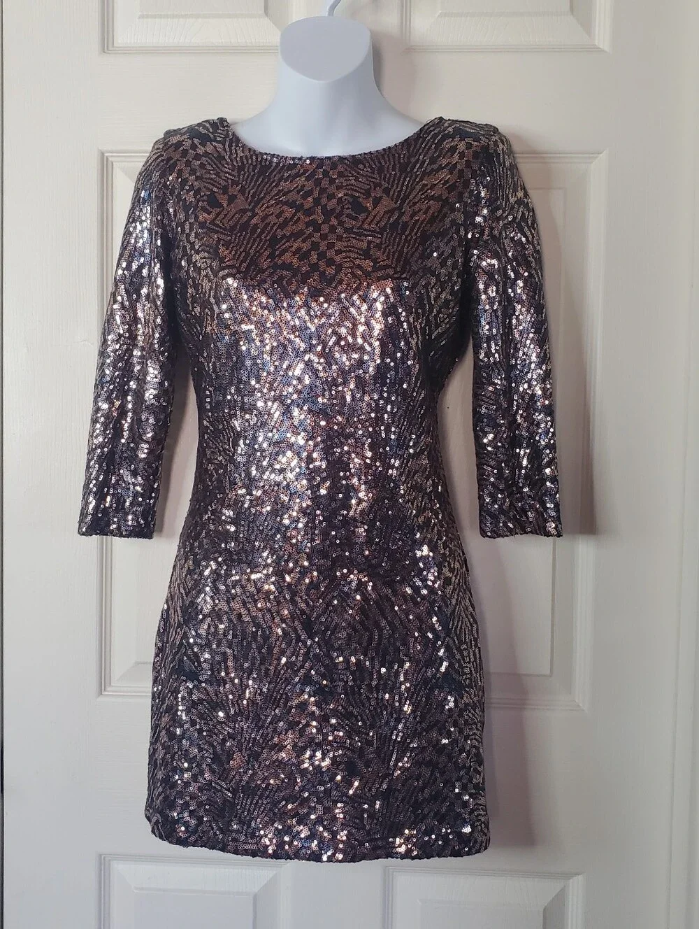 Y2K Vintage Bronze Sequin Mini Dress Open Back Glam Party Clubwear Slip-on Small
